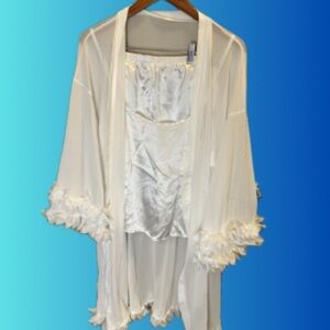 OUAI White Satin Camisole with Sheer Lace-Trim Robe